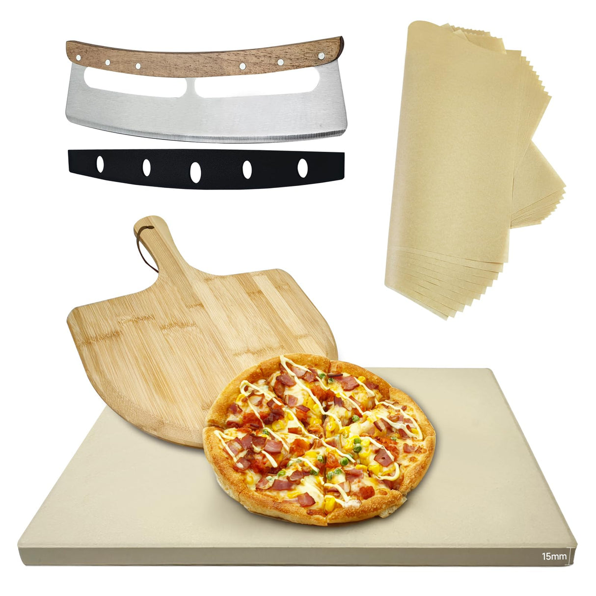 Rectangular Pizza Stone 4 Sets,12"x15"x0.59"(OAK) Pizza Stone for Oven and Grill with Bamboo Pizza Peel, Pizza Cutter and 10pcs Cooking Paper,Grill Stone Baking Stone for Bread,BBQ,Grill DAILJMON