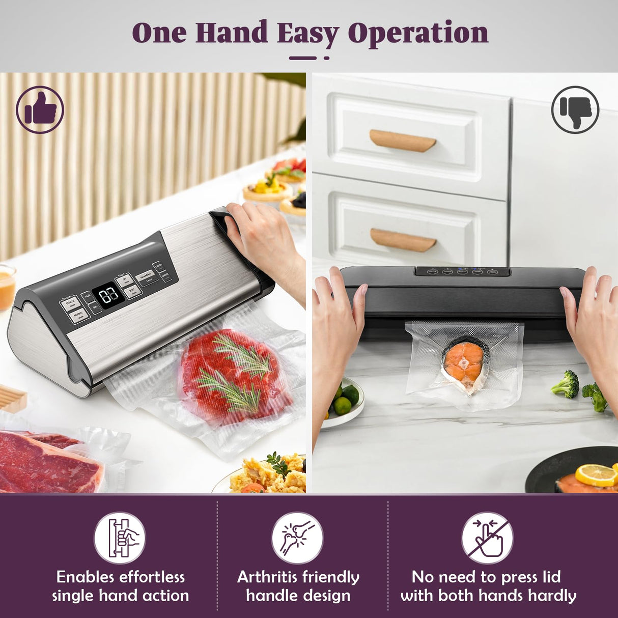 Mesliese Vacuum Sealer Machine, Powerful 95kPa 140W One Hand Operation Food Sealer, Double Seal Strip with Build-in Cutter & Countdown Display, 2 Bag Rolls, 5PCS Pre-cut Bags, PULSE & Marinate Mesliese