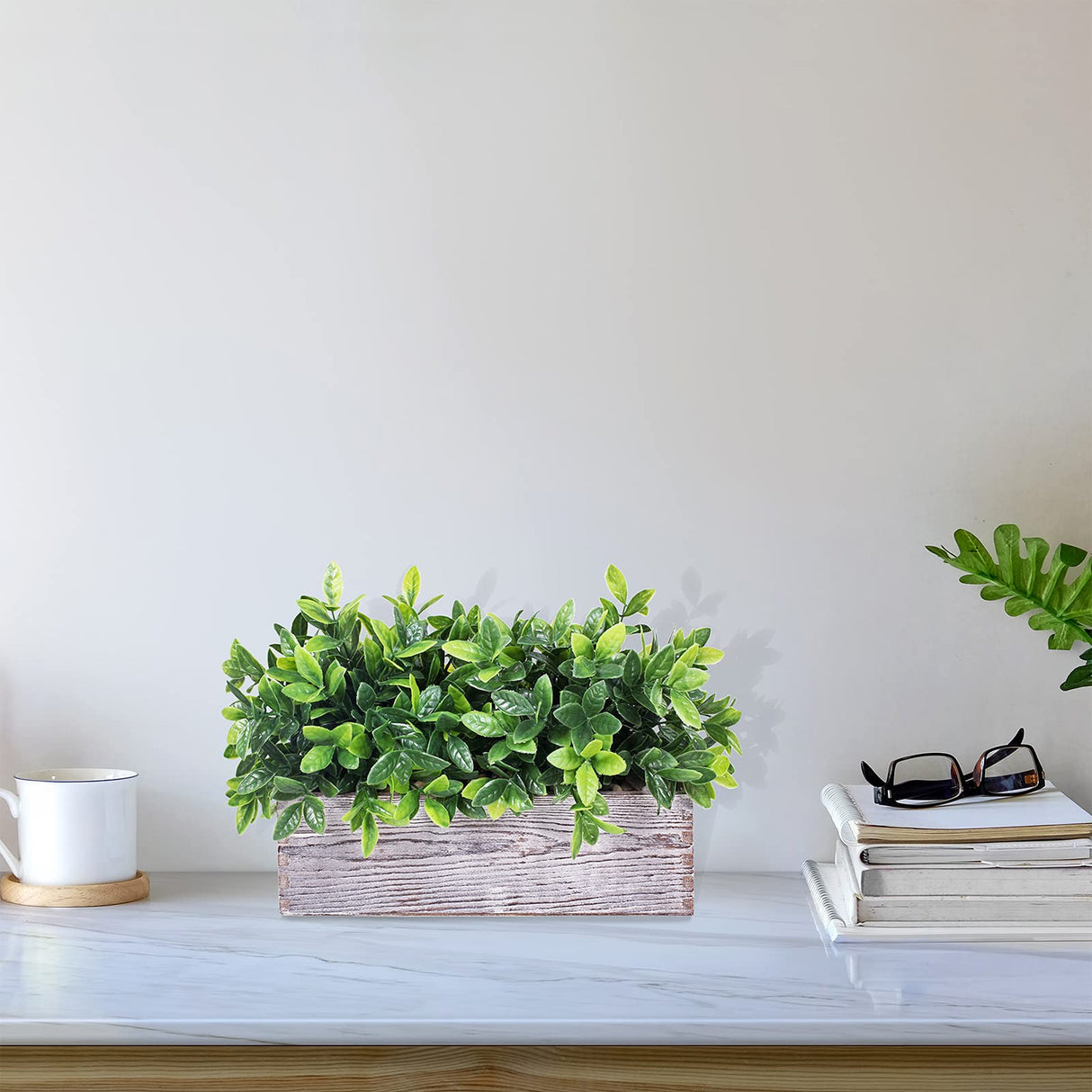 Artificial Eucalyptus Plant in Rustic Rectangular Wooden Planter Box Faux Potted Herb Plant Greenery Arrangement for Farmhouse Indoor Wedding Table Centerpiece Mantel Shelf Kitchen Decor Winlyn