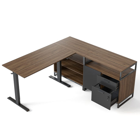 FEZIBO 66 Inch Executive L Shaped Standing Desk with 2-Drawer File Cabinet, Electric Height Adjustable Stand up Desk, Home Office Modern Wood Computer Desk with Shelves, Black Frame/Dark Walnut Top FEZIBO