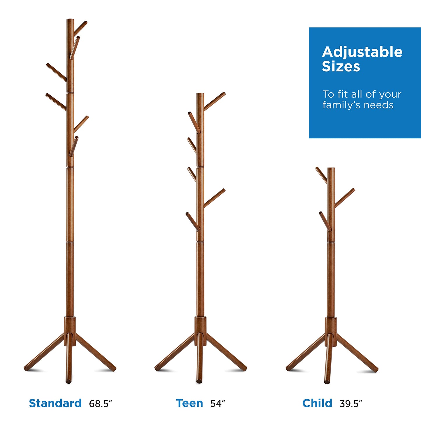 MELDEVO Wooden Tree Coat Rack Stand, 6 Hooks - 3 Adjustable Sizes Free Standing Coat Rack, Hallway/Entryway Coat Hanger Stand for Clothes, Suits, Accessories