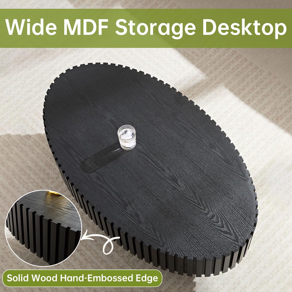 Drum Oval Coffee Table Black Wood Coffee Table Mid Century Rustic Coffee Table Irregular Elliptical Coffee Table Olive Pedestal Coffee Table for Farmhouse Living Room (Black, 44*24*14 inch) WUPDPQS