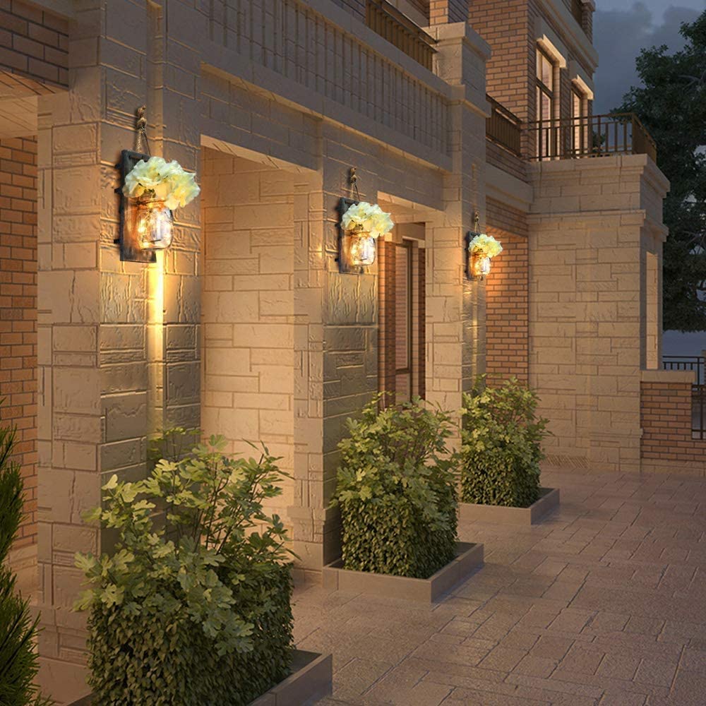 Lightess Mason Jar Wall Lights with Remote Control, Rustic Bedroom Wall Decor, Hanging Battery Powered Jar Sconce with LED Fairy Lights for Farmhouse Decor, SYA11 (Set of 2) Lightess