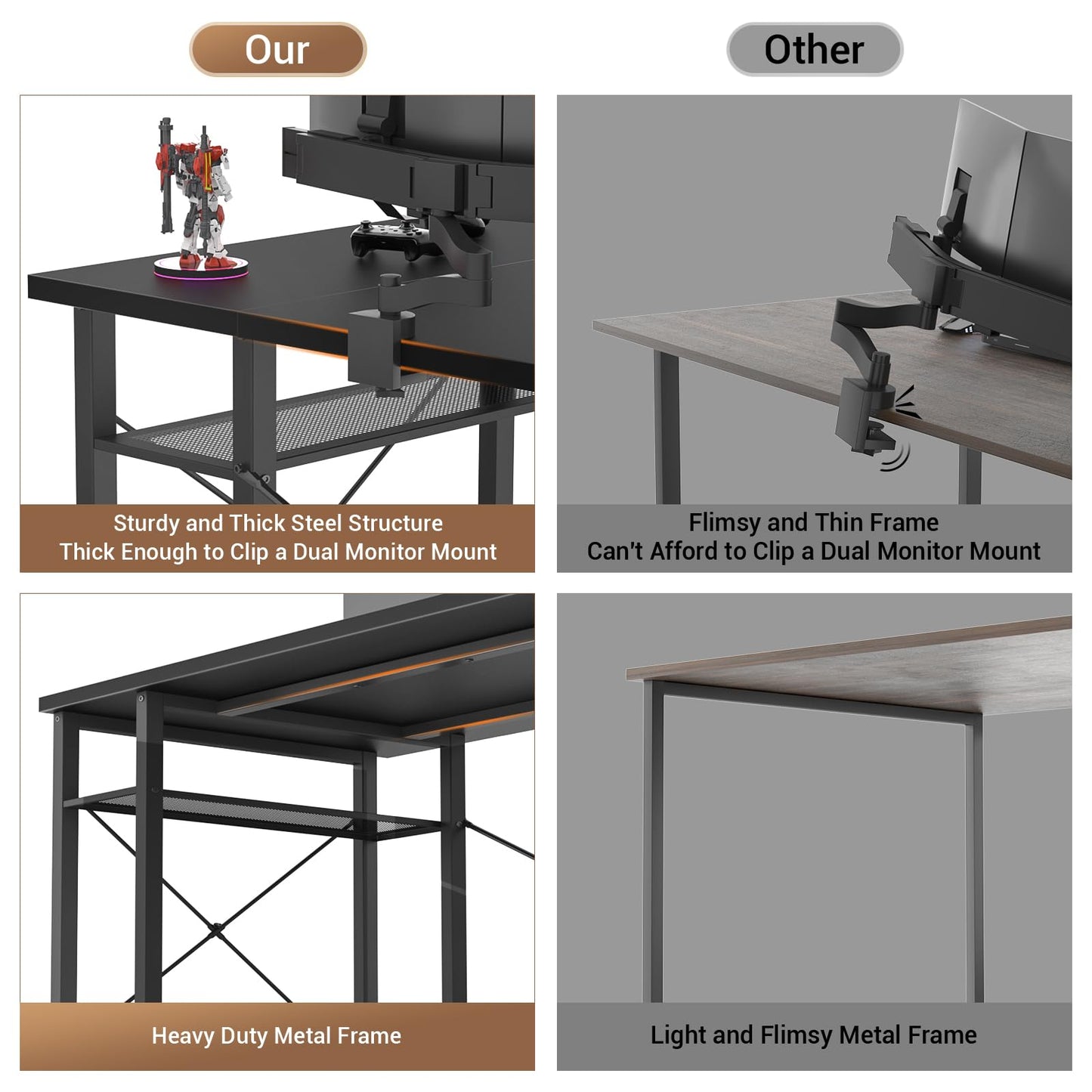 armocity Computer Desk with LED Lights, 55 Inch Desk with Power Outlet and USB, Reversible Large Desk with Moveable Monitor Stand, 55.2'' Gaming PC Table for Home Office, Workstation, Black - WoodArtSupply