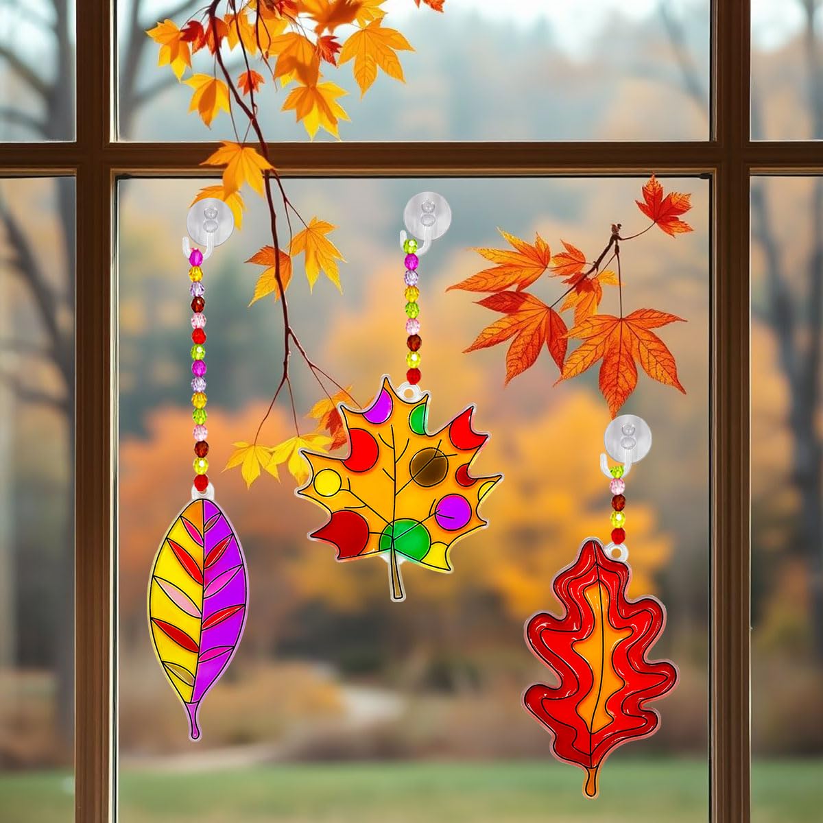 Suncatcher Kit 32 Sets Fall Leaf Suncatchers Window Art Paint Sun Catcher DIY Craft Kits Autumn Maple Leaf Sun Catchers Bulk for Classroom Thanksgiving Harvest Party Art Project Decoration AUEKIV