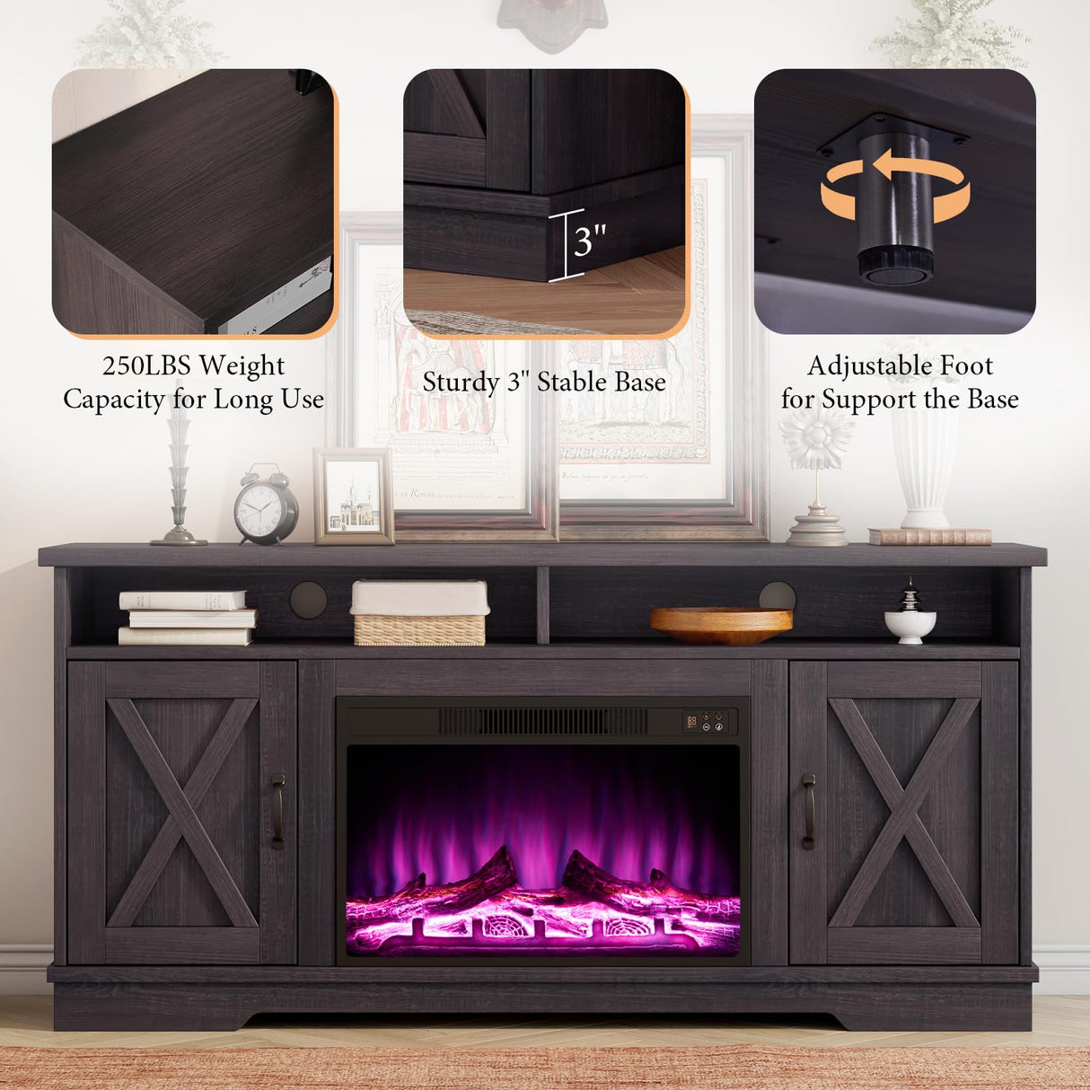 AMERLIFE 63" Farmhouse TV Stand with 26" Fireplace, for TVs up to 73", Media Entertainment Center with Adjustable Shelf & Barn Doors, Rustic TV Console Cabinet for Living Room, Dark Walnut & Wood AMERLIFE