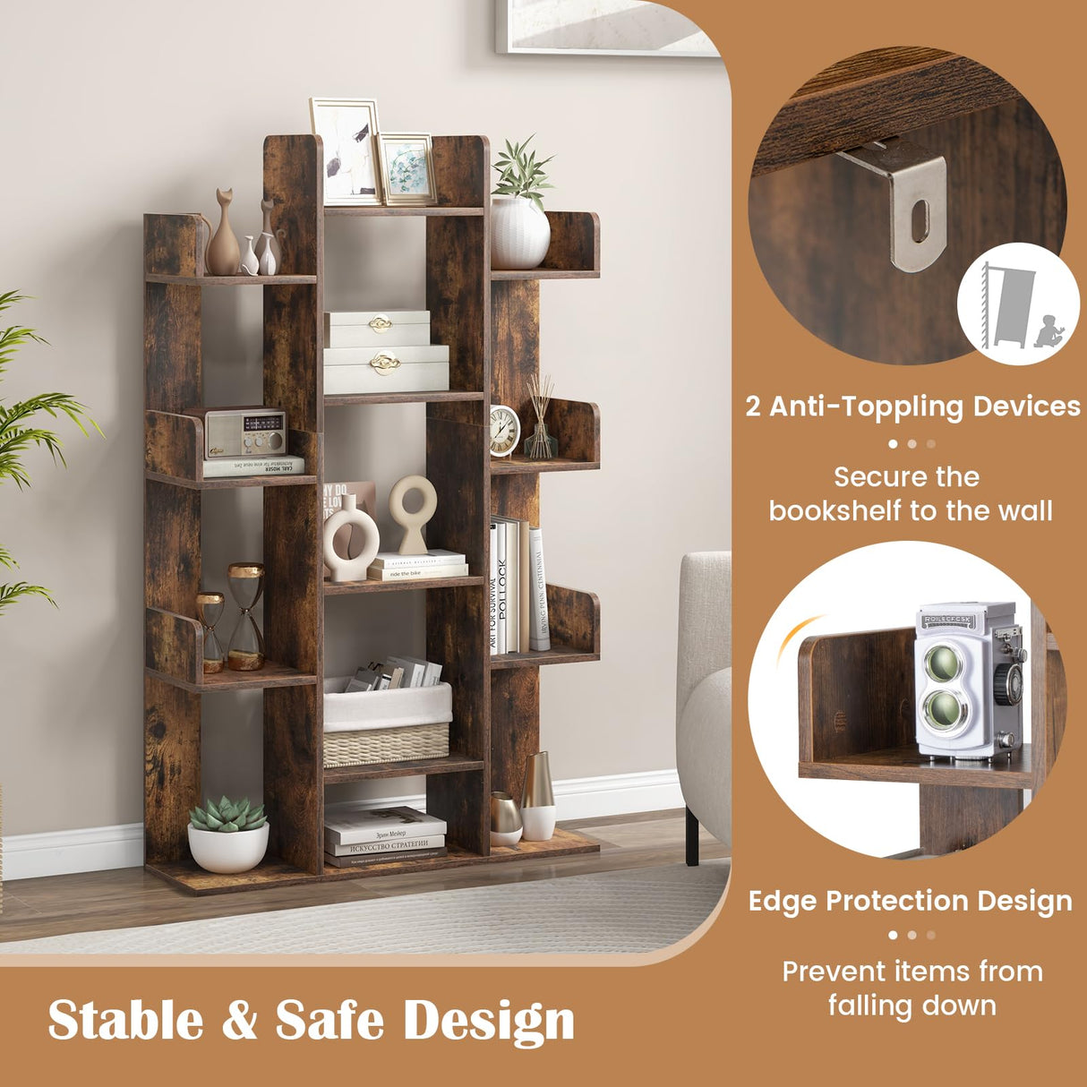 Giantex Rustic Brown 7-Cube Tree Bookshelf with 13 Open Shelves - Stylish Corner Storage Organizer for Living Room and Study Giantex