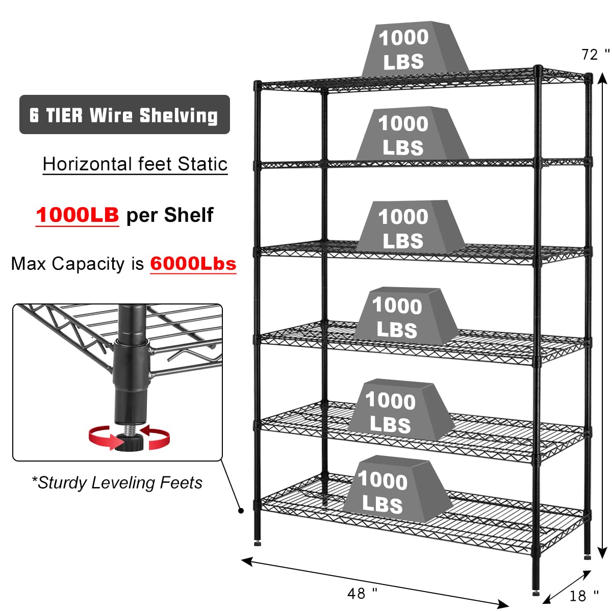 6 Tier Storage Shelves, 5999 Lbs Capacity Metal Shelf with Wheels Height Adjustable NSF Certification 48" L×18" W×72" H Heavy Duty Wire Shelving Units for Garage Pantry Kitchen Rack, Black Dlewmsyic