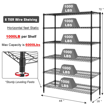 6 Tier Storage Shelves, 5999 Lbs Capacity Metal Shelf with Wheels Height Adjustable NSF Certification 48" L×18" W×72" H Heavy Duty Wire Shelving Units for Garage Pantry Kitchen Rack, Black