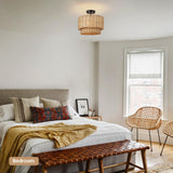 13" Woven Rattan-Style Boho Light Fixture Ceiling Mount,Farmhouse Rattan Semi Flush Mount Ceiling Light,Nursery Light Fixture With 2-Tier Drum Shade,Wicker Flush Ceiling Light for Bedroom Entryway Hermasgi