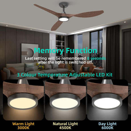 Roomratv Ceiling Fans with Lights and Remote, 52 Inch Large Airflow Indoor Ceiling Fans with Quiet DC Motor and 3 Colour Temperature Black Noiseless ABS Fan Blades (Dark Woodgrain) Roomratv