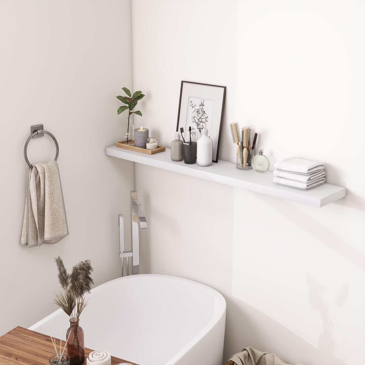 Heimlove Wood Floating Shelves for Wall,Fireplace Mantel Shelves,Rustic Farmhouse Floating Shelves 48 inch,Solid Pine Wood Wall Shelf for Bathroom,Bedroom,Living Room,Kitchen,Office Decor-White Heimlove