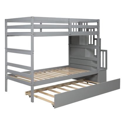 Harper & Bright Designs Twin Over Twin Bunk Bed with Trundle and Storage Shelf, Solid Wood Bunk Bed with Staircase for Kids,Toddler,Teens,Adults No Box Spring Needed (Grey, Twin/Twin)