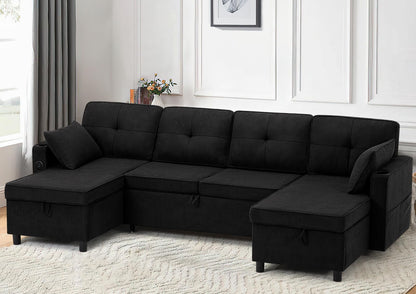 ACMEASE 108" U-Shaped Pull Out Sofa Bed w/Two Storage Chaises, Tufted Sectional Sofa w/USB Port, Fabric Sleeper Couch w/Cup Holders for Living Room, Black