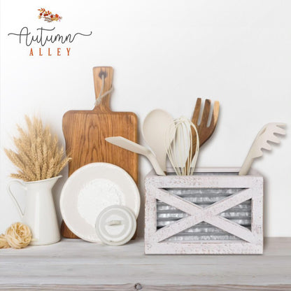 Autumn Alley Barn Door Rustic Kitchen Utensil Holder- Farmhouse Wooden White Kitchen Utensil Holder- Galvanized Accents- Rustic Kitchen Decor- Farmhouse Details Add Charm to your Country Kitc - WoodArtSupply