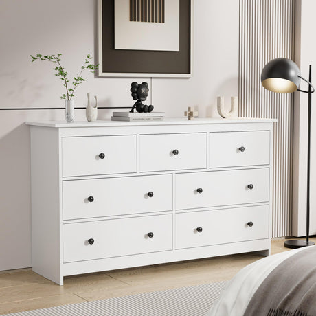 JOZZBY 55" White Dresser for Bedroom, 7 Drawer Wooden Double Dresser with Metal Handles, Modern Storage Chest of Deep Dresser for Nursery, Hoom Office, Hallway JOZZBY