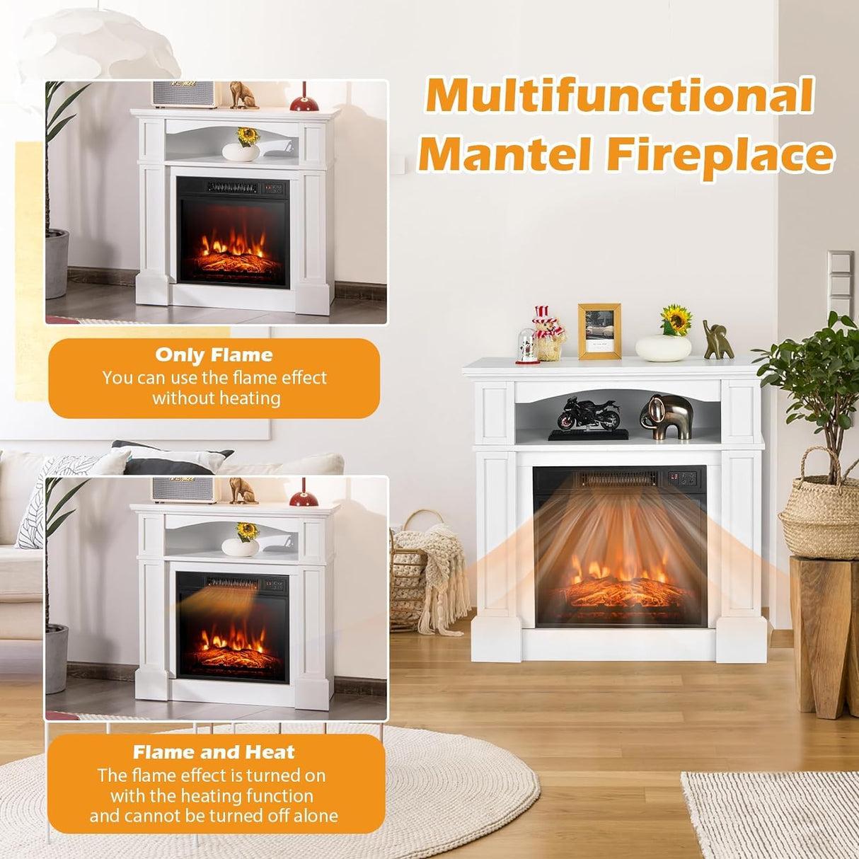 OFFICEJOY Electric Fireplace with Mantel, 32’’ Freestanding Fireplace Realistic Flame with Thermostat, 3 Brightness & Remote Control, Electric Fireplace Heater with Temperature Control & Timer (White) OFFICEJOY