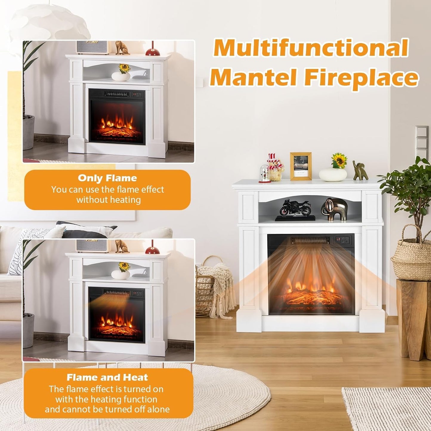 OFFICEJOY Electric Fireplace with Mantel, 32’’ Freestanding Fireplace Realistic Flame with Thermostat, 3 Brightness & Remote Control, Electric Fireplace Heater with Temperature Control & Timer (White)