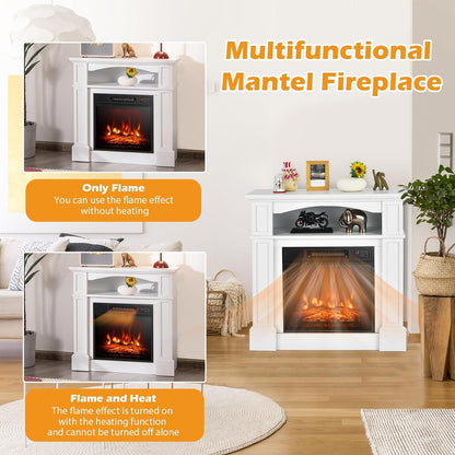 OFFICEJOY Electric Fireplace with Mantel, 32’’ Freestanding Fireplace Realistic Flame with Thermostat, 3 Brightness & Remote Control, Electric Fireplace Heater with Temperature Control & Timer (White)