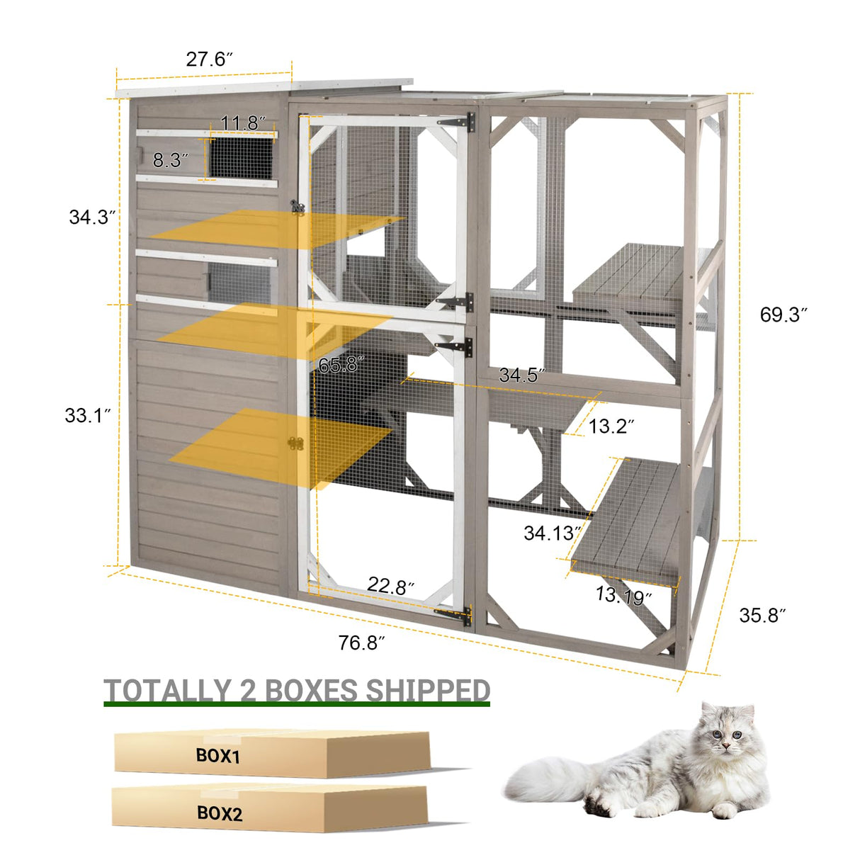 PetsCosset Catio Cat Enclosure Outdoor, Large Cat House Outdoor Weatherproof Attached to Window for Multi Cats, Asphalt and UV Protection Roofs, Multi Platforms-71 H 77" L PetsCosset