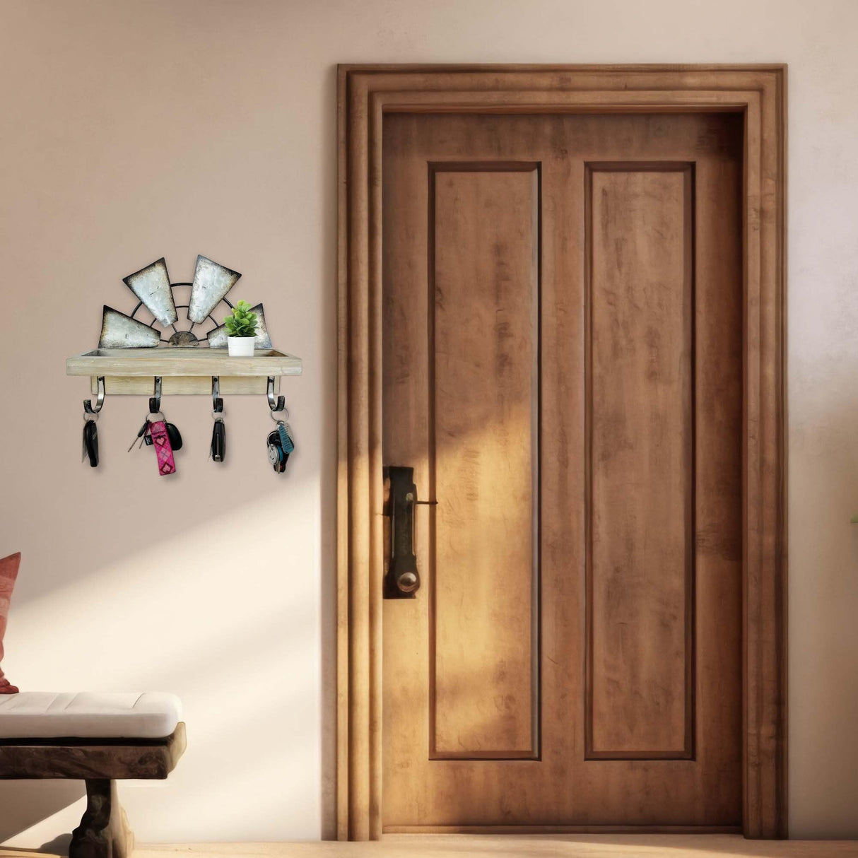 Rooty Heart Windmill Key Holder for Wall Mount, Key and Mail Holder for Wall with Key Shelf, Keys Holder on Wall, Farmhouse Decor Rooty Heart