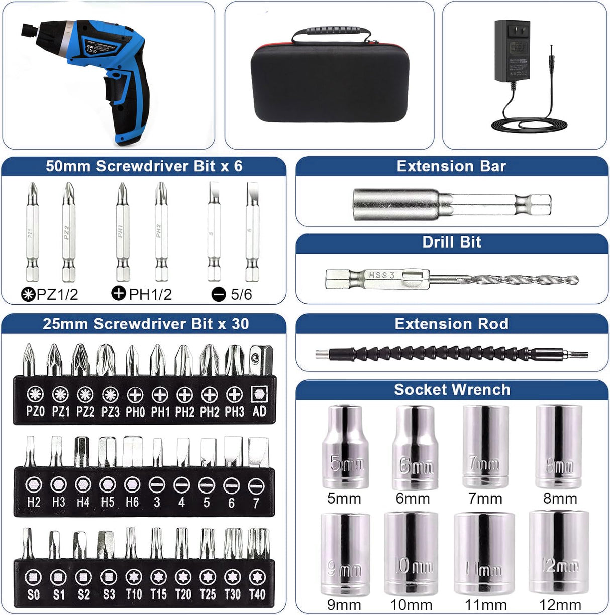 MXMZHXU Cordless Screwdriver, 8V Max 10Nm Electric Power Screwdriver with 47 Accessories, 6+1 Torque, Pivoting Handle, 2000mah Rechargeable Screw Gun & Bit Set with LED Light, Flexible Shaft MXMZHXU