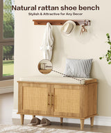 Akxomel Natural Rattan Shoe Storage Bench with Cushion, Entryway Shoe Cabinet Bench with 2 Doors, 15"D x 31.5"W x 20"H, Wooden Shoe Organizer, Adjustable Shelf, Solid Wood Legs, for Hallway, Bedroom Akxomel