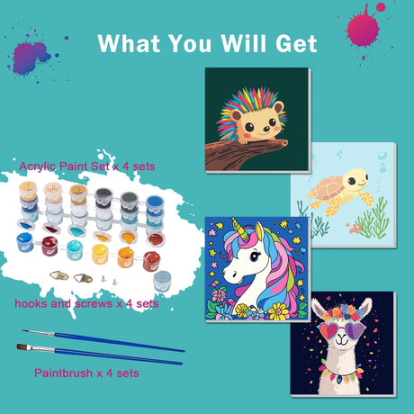 AILIBUT Paint by Numbers for Kids Ages 8-12 & Beginners - 4 Pack Animal Canvas Art Kits with Framed Painting - Easy DIY Color by Number Set for Children, Home Decor & Gifts (8x8 Inch) AILIBUT