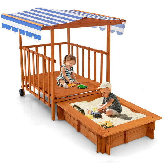 INFANS 3 in 1 Kids Sandbox with Canopy and Cover Rear Wheels Guardrails, Wooden Cedar Cabana Sandbox Playhouse for Outdoor Beach Backyard Lawn Garden Play Home Children Playset Sandpit