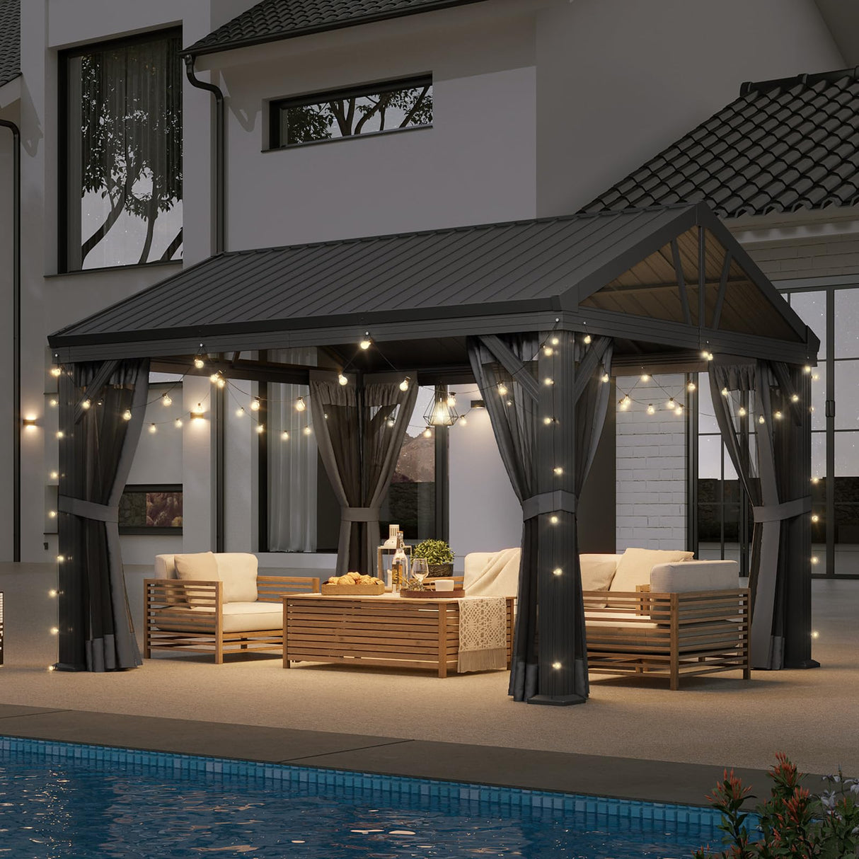 Aoxun 10' X 12' Hardtop Gazebo, Aluminum Outdoor Gazebo with Galvanized Steel Gable Roof Canopy, Patio Permanent Metal Pavilion with Netting, for Garden, Backyard, Deck Aoxun