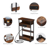 Narrow Side Table With Charging Station, 3-Tier End Table with 2 USB Ports & Power Outlets,Thin Sofa Side Table for Narrow and Small Spaces, Bedside Table Nightstand for Living Room/Rustic Brown YEAKOO