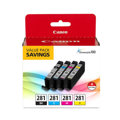 Canon CLI-281 Black, Cyan, Magenta and Yellow 4 Ink Pack, Compatible to TR8520, TR8620 Series, TS9120, and TS6210 Printers