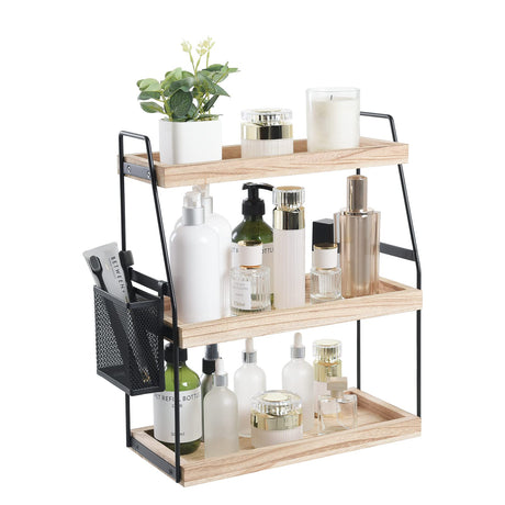 Bathroom Counter Organizer, 3-Tier Standing Storage Shelf with Basket, Wood Tray for Skincare Vanity Organizer Uneviesyka