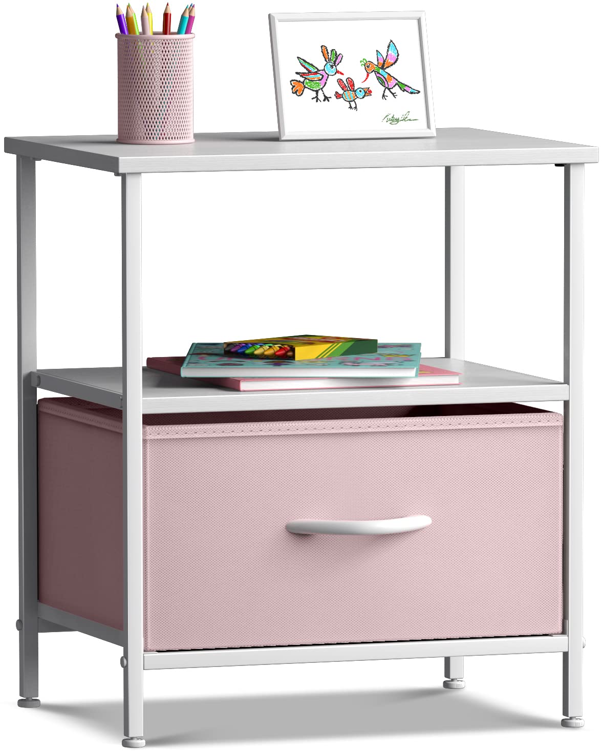 Sorbus 1 Drawer Shelf Storage Nightstand - Kids Bedside Furniture End Table Night Stand with Steel Frame Wood Top & Easy Pull Fabric Bins. Dresser & Chest for Home Bedroom Accessories Office & College Sorbus