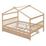 Merax Full Size Wooden House Bed with Trundle, Wood Bed Frame with Roof for Kids, Teens, Boys or Girls, Natural Merax