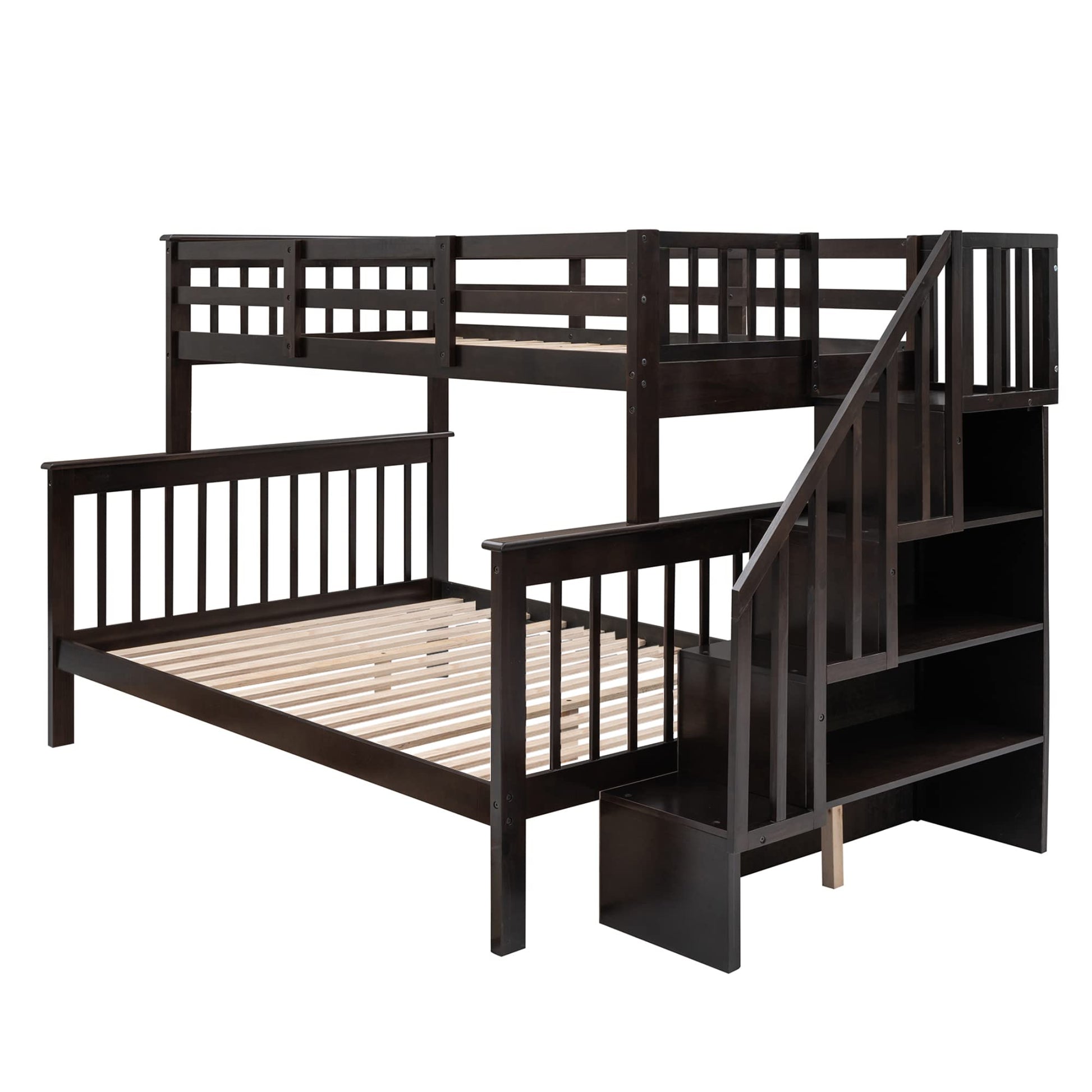 Solid Wood Twin Over Full Bunk Bed with Stairs and Storage Shelves in Espresso by Harper & Bright Designs - WoodArtSupply