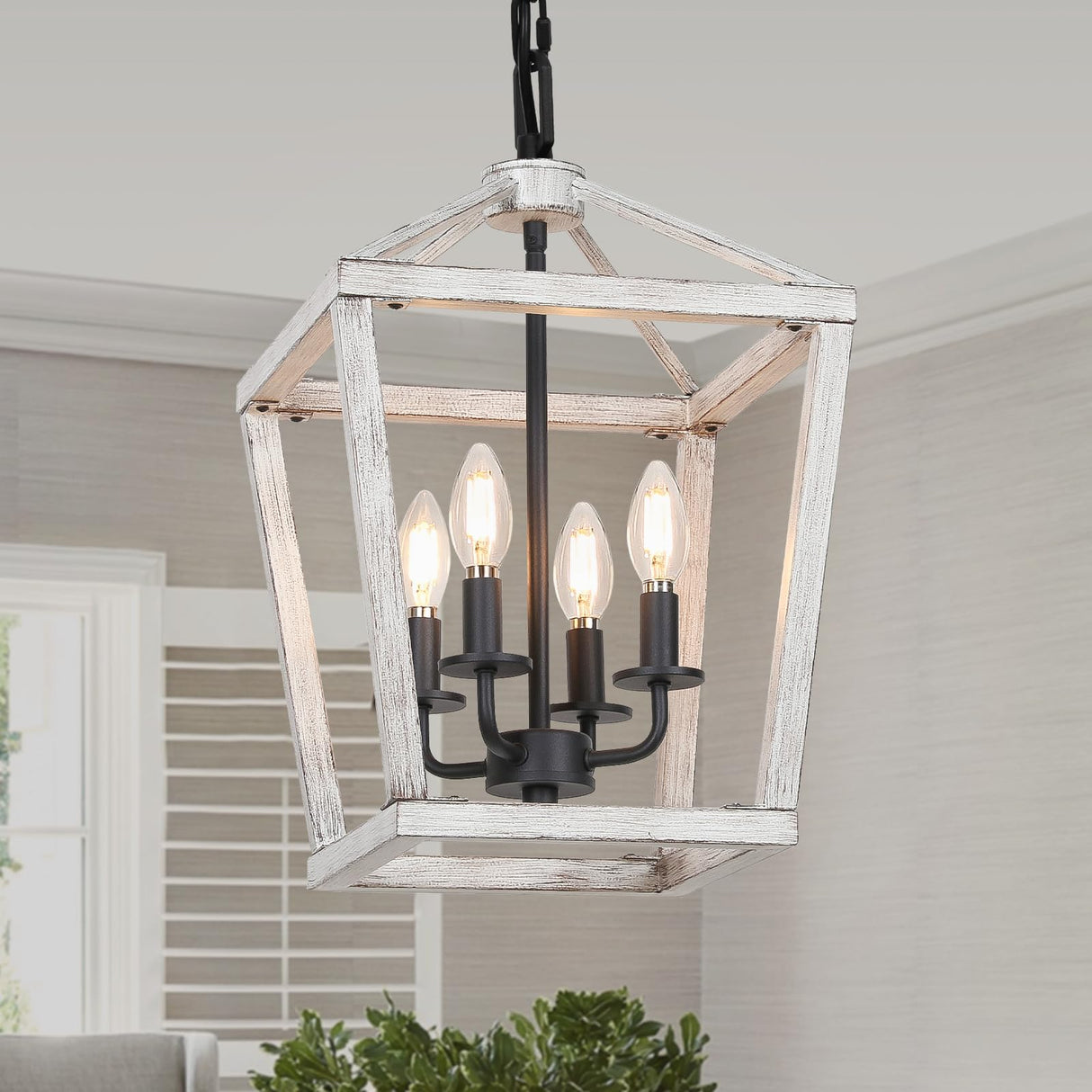 4 Light Rustic Chandelier, Farmhouse Lantern Fixture with Brushed White Oak Cage and Adjustable Chain, E12 Base Geometric Hanging Light Fixture Ceiling lighting for Entryway Kitchen Island, Indoor Use Seaside village