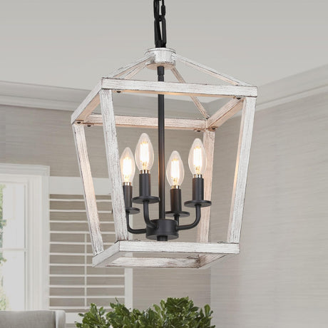 4 Light Rustic Chandelier, Farmhouse Lantern Fixture with Brushed White Oak Cage and Adjustable Chain, E12 Base Geometric Hanging Light Fixture Ceiling lighting for Entryway Kitchen Island, Indoor Use Seaside village