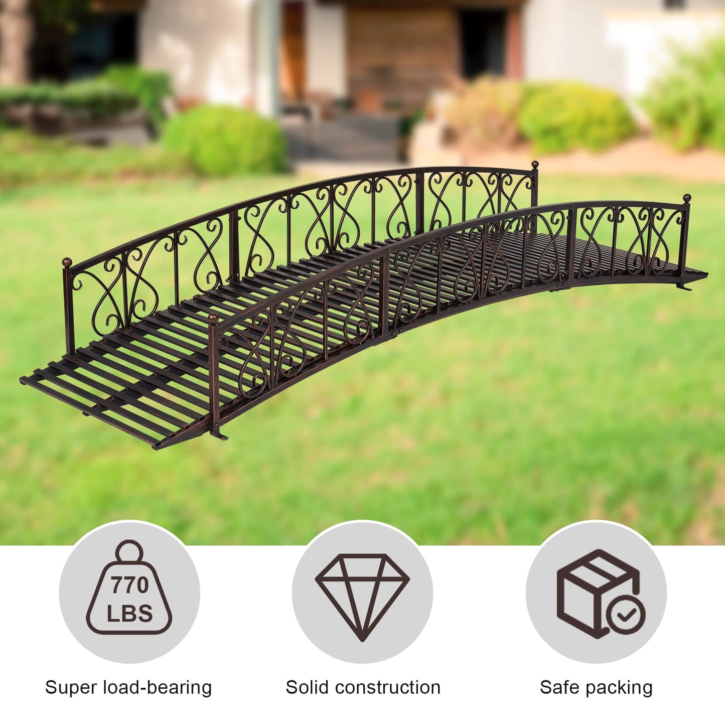 Kinlife 8 FT Metal Arch Garden Bridge – Outdoor Pond Bridge with Safety Side Rails, Decorative Landscaping Footbridge for Backyard, Creek, Lawn, Stream, Fish Pond, Easy Assembly, Black Bronze - WoodArtSupply