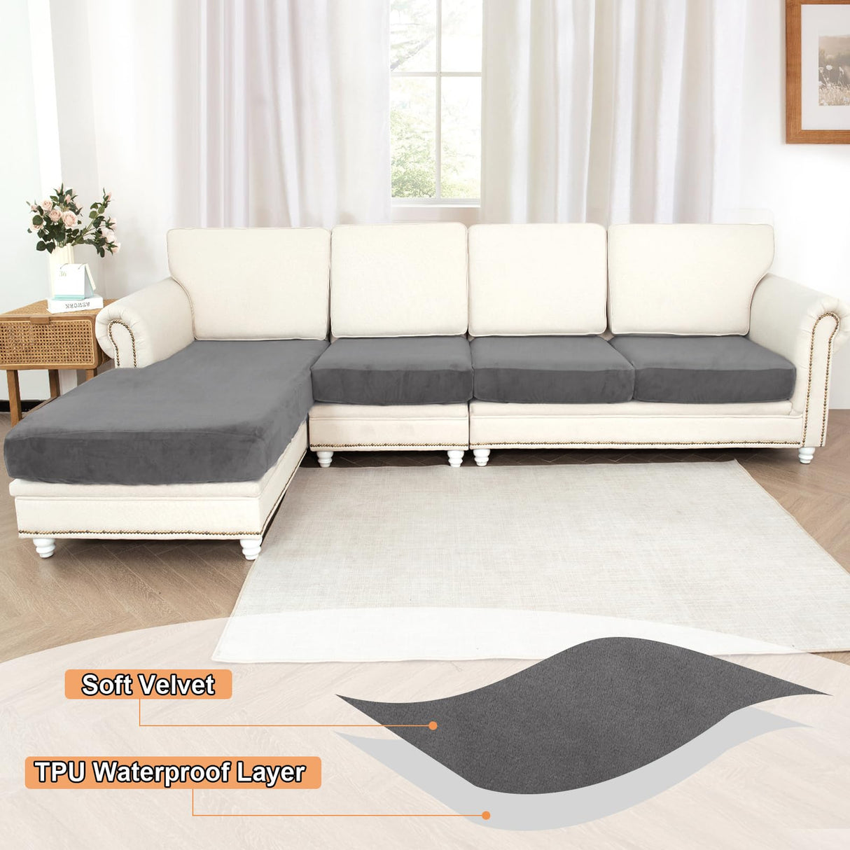 NAISI Waterproof Couch Cushion Covers Thick Velvet Fabric Washable Sofa Slipcovers Sectional Couch Covers for 4 Pieces Separate L Shape Couch Cover with Elastic Bottom(3 Seater + 1 Chaise,Grey) NAISI