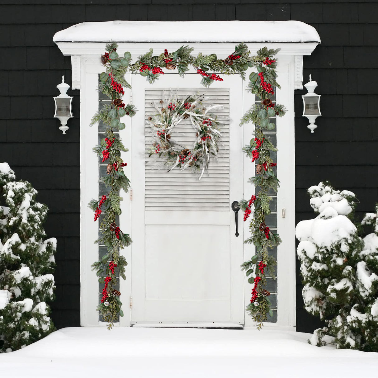 LOHASBEE Artificial Christmas Wreath, 24" Snow Flocked Pine Cone Grapevine Frosted Wreath with Red Berries Eucalyptus for Front Door Winter Christmas Home Hanging Wall Window Party Decor LOHASBEE