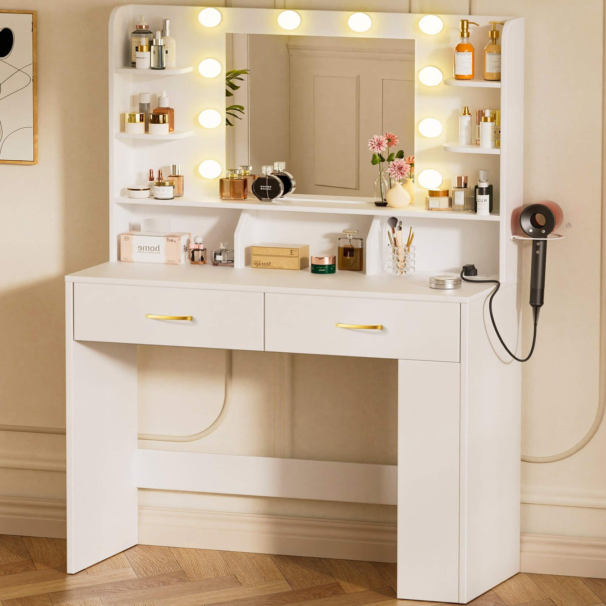 COMHOMA Vanity Desk with Lighted Mirror and Power Outlet, RGB LED Lights Makeup Vanity Set for Girls, Large Storage Capacity Dressing Table for Bedroom, 3 Lighting Modes Adjustable Brightness, White COMHOMA
