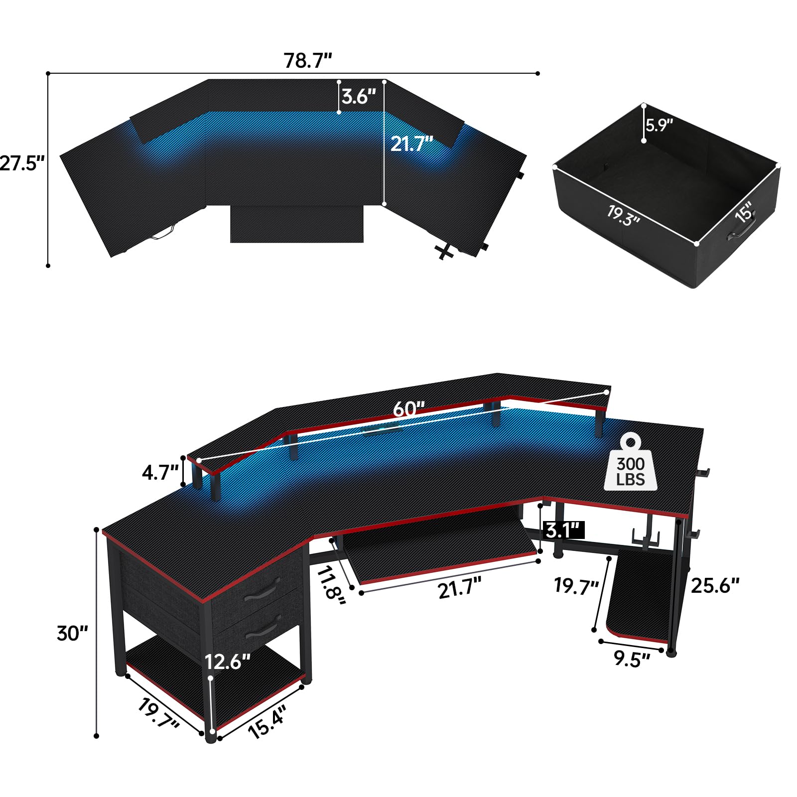 SEDETA 79" Gaming Desk, Computer Desk with 2 Fabric Drawers & LED Light, L Shaped Gaming Desk with Storage Shelf for Home Office, Carbon Fiber Black&Red - WoodArtSupply