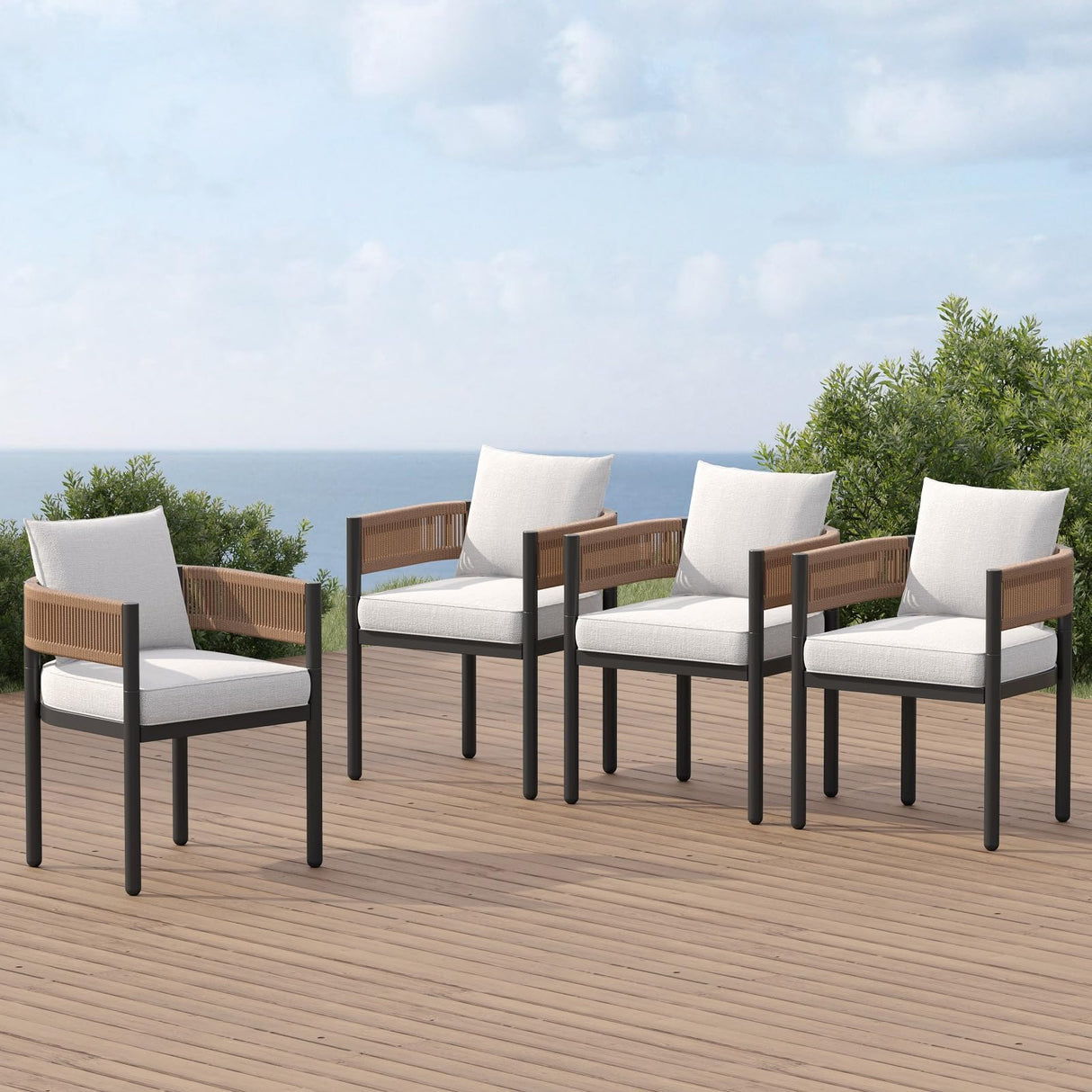Grand patio Outdoor Dining Chairs Set of 4, 4 Pieces Patio Dining Chairs, Metal Woven Wicker Fixed Patio Chairs with Light Beige Cushions for Backyard, Deck, Garden, Porch, Lawn and Poolside (Natural) Grand patio