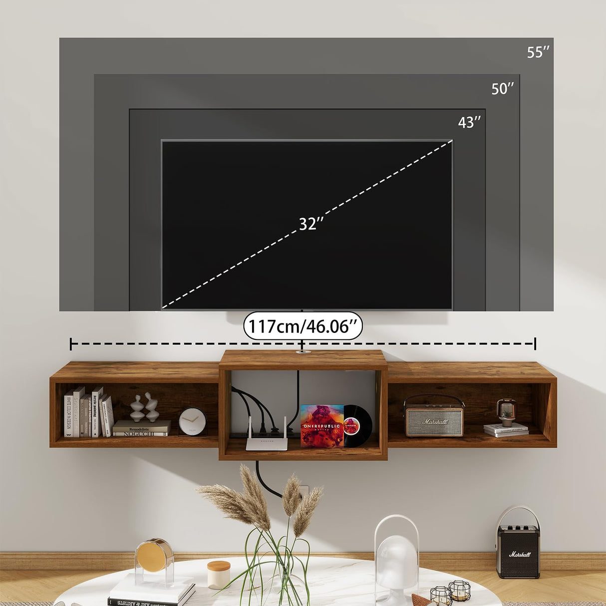 IBUYKE Floating TV Stand Wall Mounted with Power Outlet,Wood Wall Mounted Media Console Shelf,Floating Entertainment Center for Under TV Storage for Living Room Bedroom Office,Rustic Brown WST001H IBUYKE