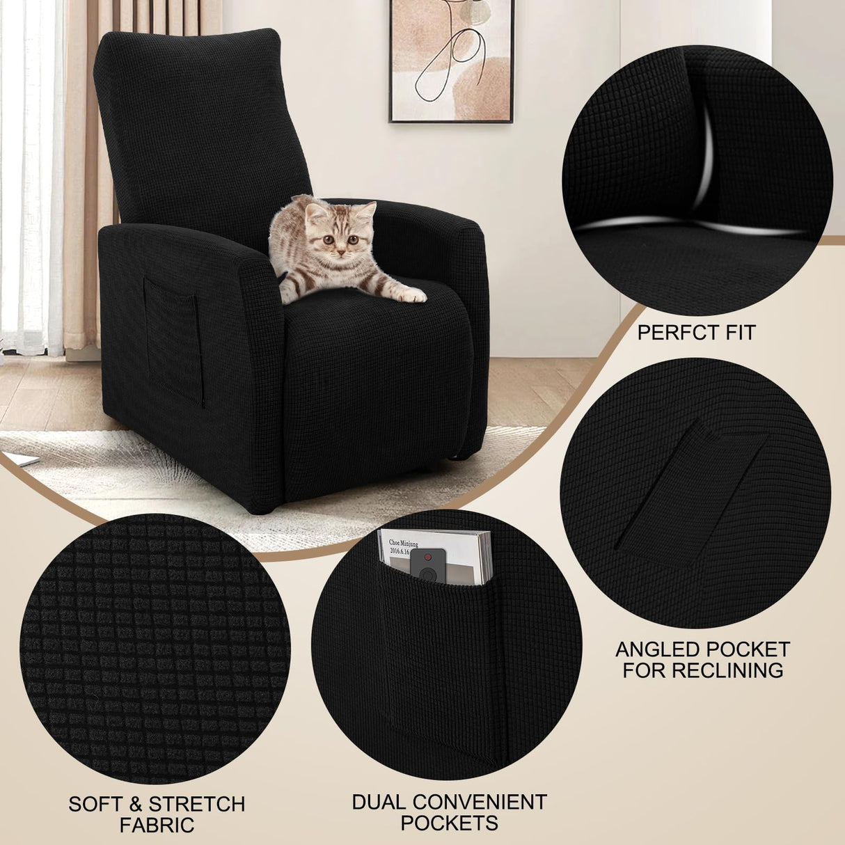 SearchI Recliner Chair Cover Jacquard Chair Covers 4 Piece, Small Recliner Sofa Slipcover for Home Theater Seating with Elastic Bottom, Recliner Protector with Pocket for Recliners, Black SearchI