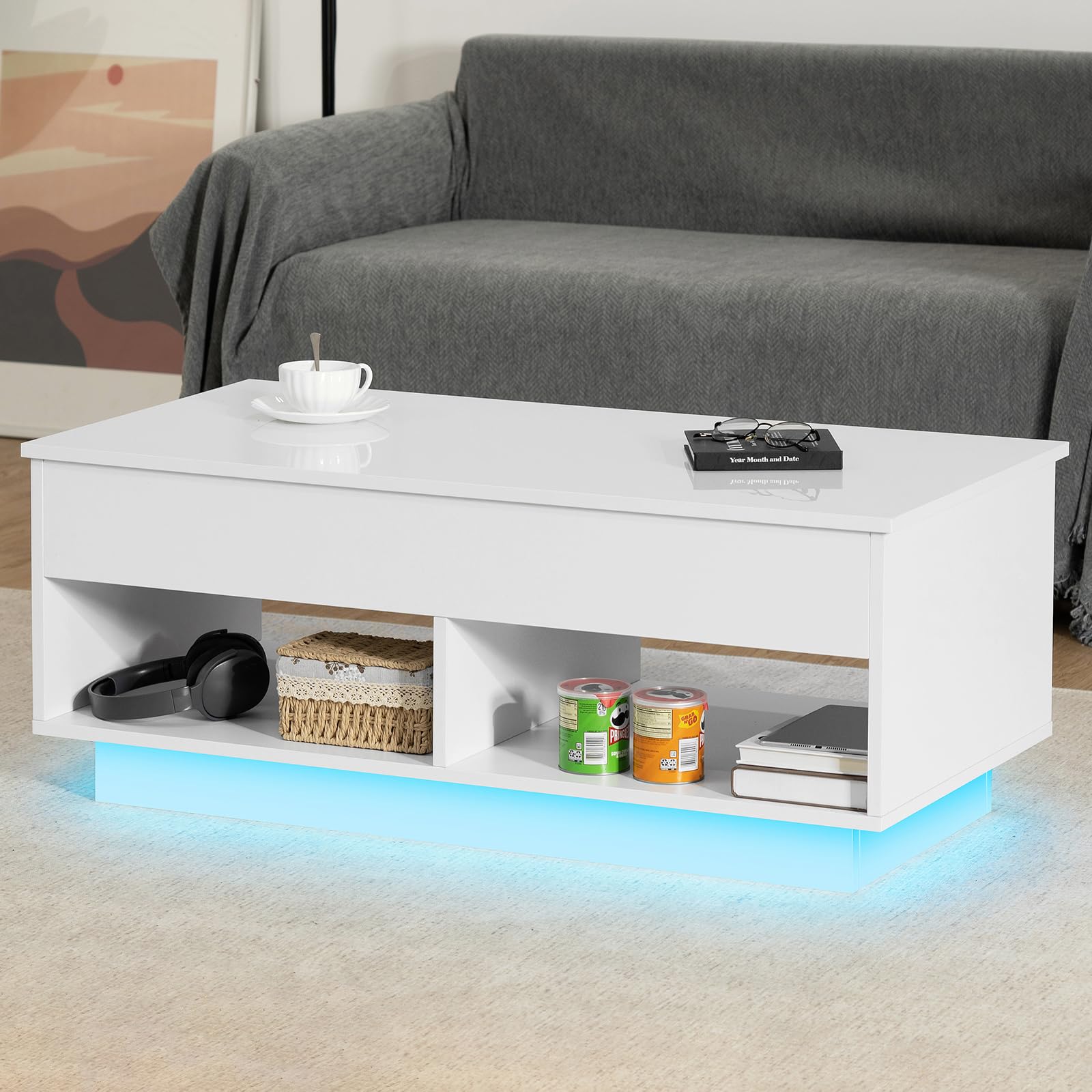 LED Coffee Table for Living Room Lift Top Coffee Tables with Storage Morden High Gloss 4 Tiers White Tea Table Center Tables Sofa Hidden Compartment & 2 Open Shelve - WoodArtSupply