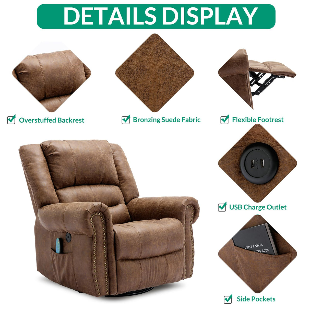 VIVIJASON Massage Swivel Rocker Recliner Chair with Heat & Vibration, 360° Swivel Manual Glider Rocking Reclining Chair with Remote Control, Side Pockets & USB Ports for Living Room, Nut Brown VIVIJASON
