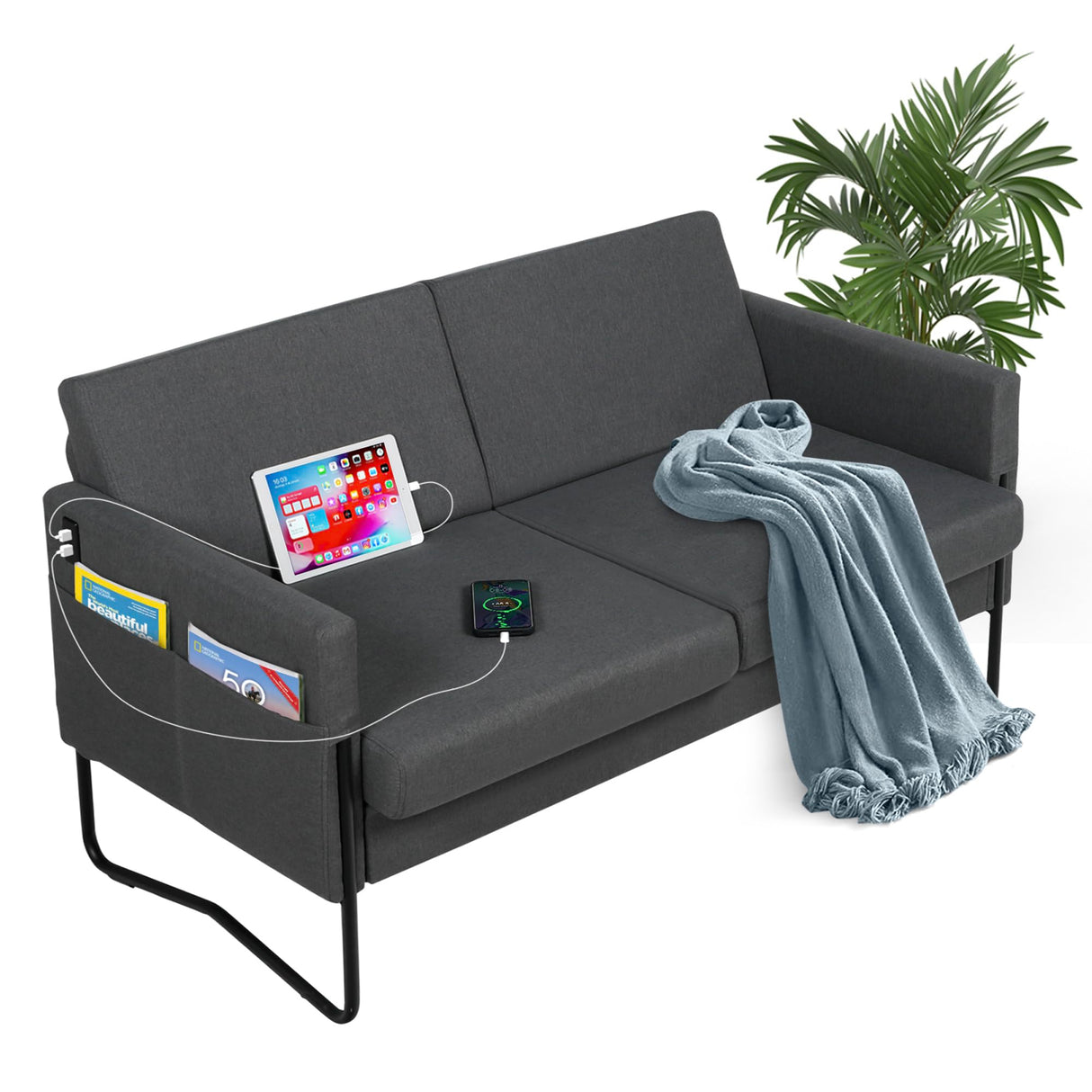 STHOUYN 51” Small Loveseat Sofa for Small Spaces, Comfy Grey Couch with 2 USB Ports, Modern 2 Person Sofa Loveseats for Living Room Bedroom, Mini Teen Office Couch (Dark Grey) STHOUYN