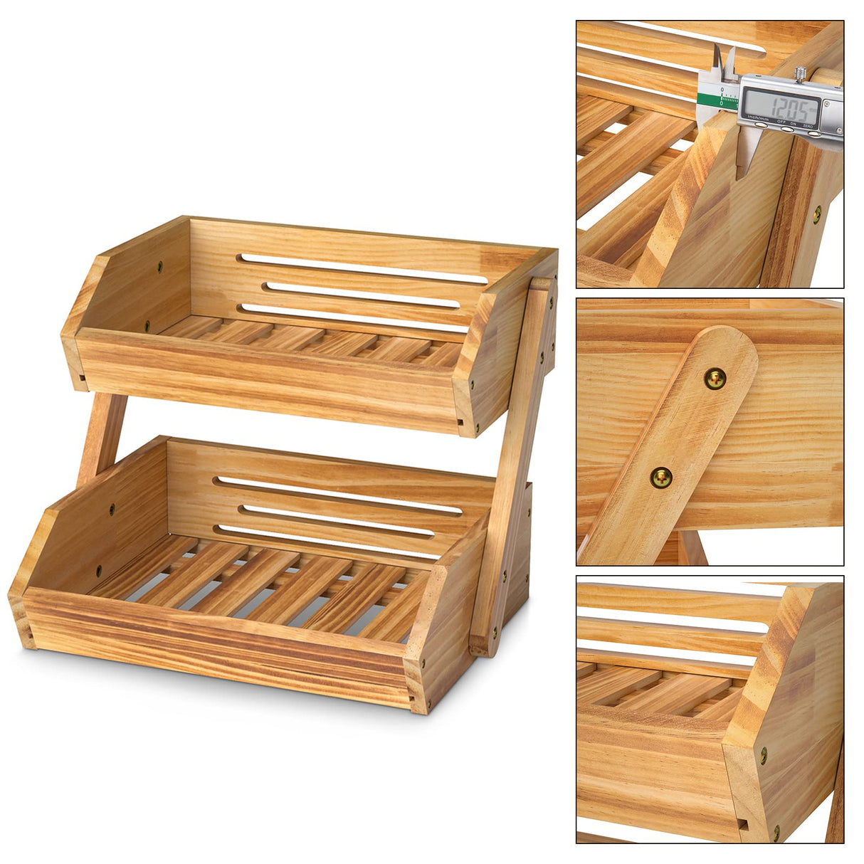 Merysen 2 Tier Wooden Fruit Basket For Kitchen, Bread Vegetable Fruit Basket Bowl Stand, Farmhouse Fruit Bowl for Countertop, Large Merysen